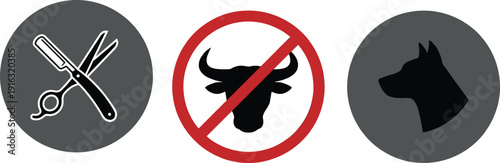 Pet grooming and animal restriction icons set, scissors symbol, no beef sign, dog head silhouette, veterinary rules illustration