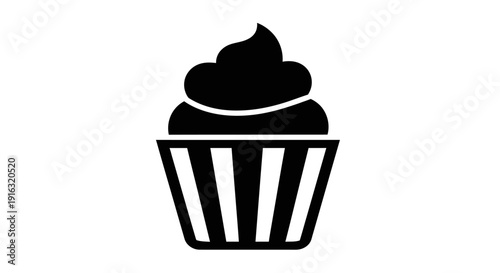 Delicious chocolate cupcake with frosting topping, black and white icon Vector