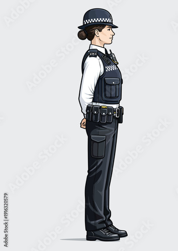 068-41-British woman police officer standing in full uniform with equipment