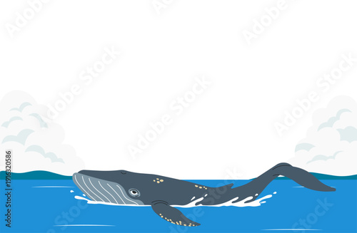 入道雲が広がる海をゆったりと泳ぐ大きなクジラのフラットデザイン背景イラスト