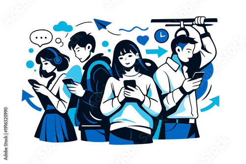 Modern Commuting Mood. Commuting Thoughts. People standing quietly, phones in hand, emotions behind eyes.