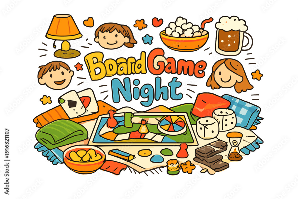 Obraz premium Board Game Fun. Board Game Night. Hand - drawn doodle illustration of Board Game Night. Board game, dice,