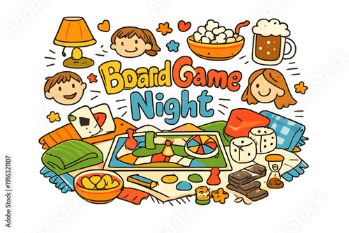 Board Game Fun. Board Game Night. Hand - drawn doodle illustration of Board Game Night. Board game, dice,