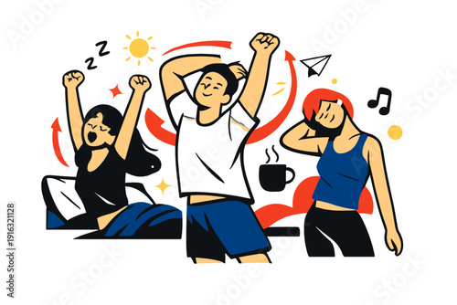 Morning Stretch Dynamics. Authentic Emotions In Daily Routines. Morning light through windows, slow stretching