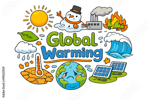 Doodles of Global Warming Global Warming Hand drawn doodle illustration of Global Warming Hot sun melting