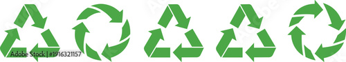 Green recycling symbol collection, eco friendly circular arrow icons for sustainability, environmental protection and zero waste branding, vector illustration