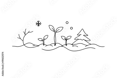 Winter Seedling Growth . " Garden Growth In Winter " . Minimalistic one line drawing seedlings sprouting in