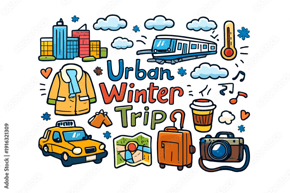 Naklejka premium Urban Winter Adventure Urban Winter Trip Hand drawn doodle illustration of Urban Winter Trip City buildings