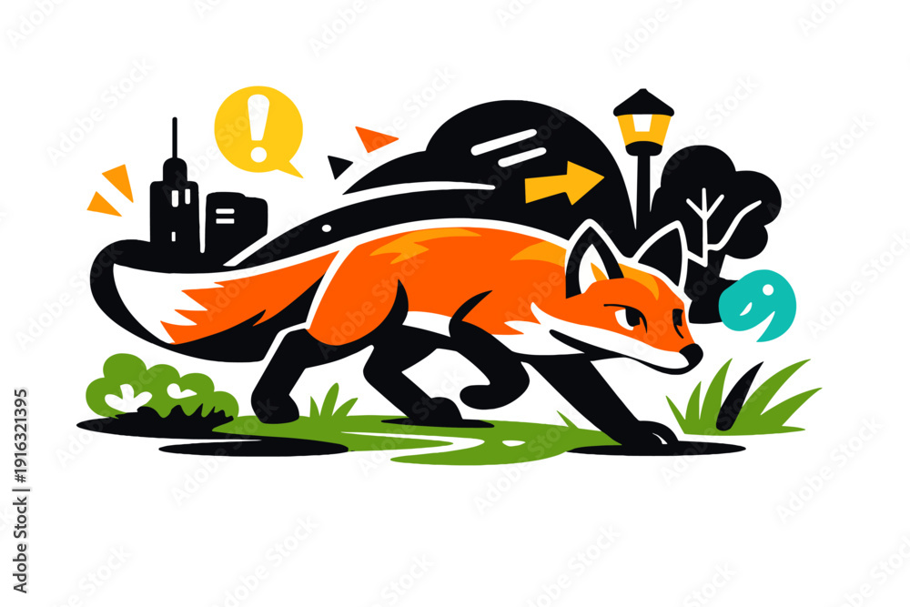 Fototapeta premium Urban Fox Adventure . Urban Wildlife Without Snow . Fox moving through city parks on grass notice , alert eyes