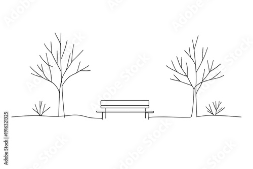 Minimalist Winter Park Empty Winter Park Minimalist icon one line drawing bench among leafless trees