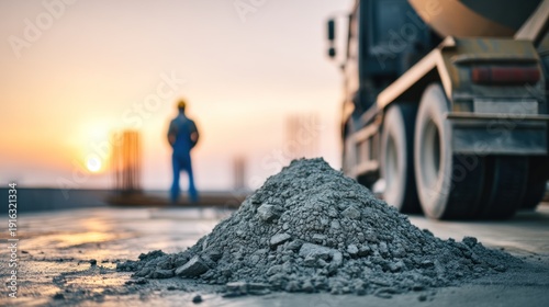 Construction site with cement pile concrete mixer truck and worker at sunset