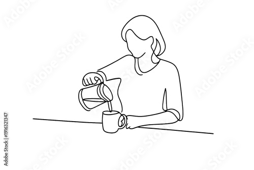 Minimalist Coffee Pour. Quiet Kitchen Moment. Minimalistic one line drawing person pouring coffee into a mug