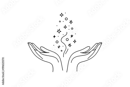 Magical Hands Illustrating Magic Beyond Gifts Minimalistic one line drawing open hands releasing soft holiday