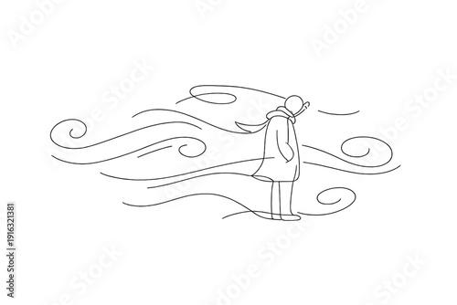 Wind Embrace Cold Wind Season Minimalist icon one line drawing swirling wind around lone figure continuous