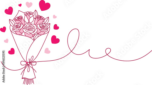 Romantic rose bouquet with hearts line art illustration, love floral arrangement for Valentine greeting card, 