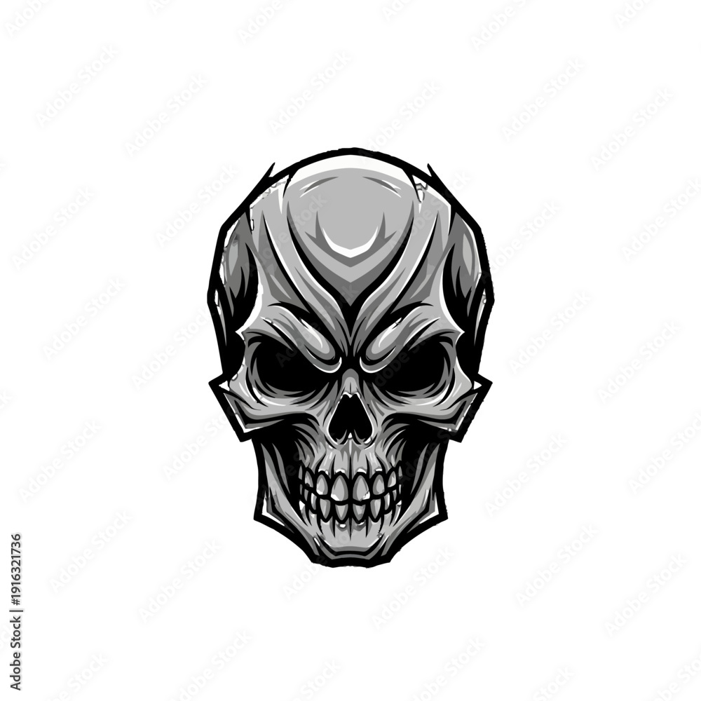 Obraz premium Angry Stylized Skull Head with Fierce Expression Illustration on Isolated White Background