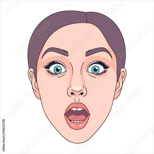 A cartoon illustration of a woman's face with a surprised expression, viewed from the front