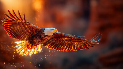 Majestic Bald Eagle Soaring with Wings Spread at Golden Sunset