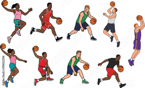 Collection of basketball players dribbling and shooting ball, diverse athletes performing sport action isolated on white background