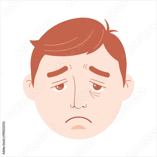Illustration of a man with a sad expression, frowning and looking unhappy, from a front viewpoint