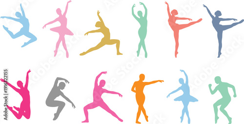 Colorful Ballet And Contemporary Dance Silhouettes Set Vector Illustration, Graceful Dancers Performing Dynamic Artistic Poses Isolated On White Background