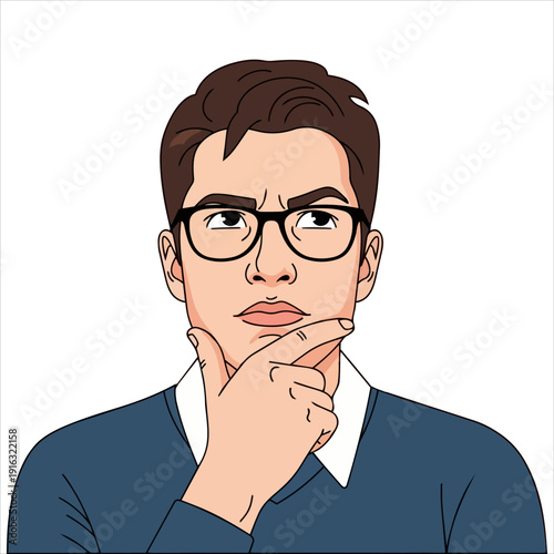 A thoughtful young man with glasses pondering a decision or idea in a contemplative illustration style