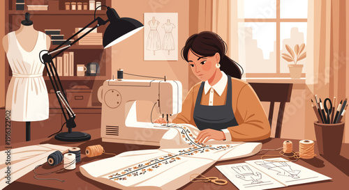 Focused Seamstress at Work Crafting a Dress with Precision.