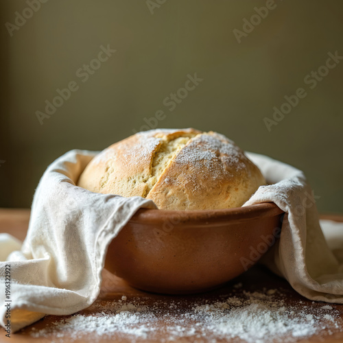 Freshly baked bread rests in clay pot with cloth cover. Rustic loaf rises with flour dusted top, ready for warm kitchen meal. Homemade artisan baking process.
