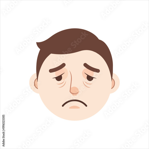 A man's unhappy facial expression is depicted in a simple illustration, viewed from the front, conveying a sense of displeasure