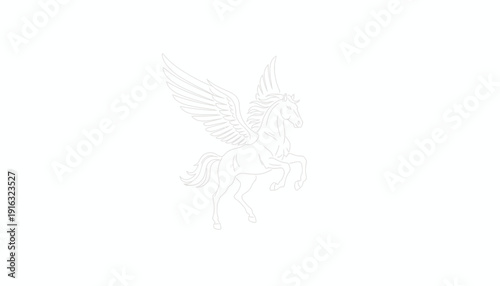 Mythical Pegasus Horse with Wings, Outline Drawing, White Background