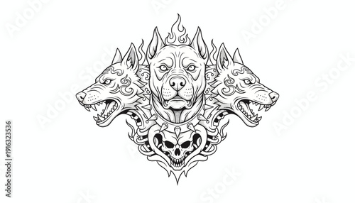 Mythical Three-Headed Dog Cerberus, Guardian of the Underworld, Fierce Tattoo Design