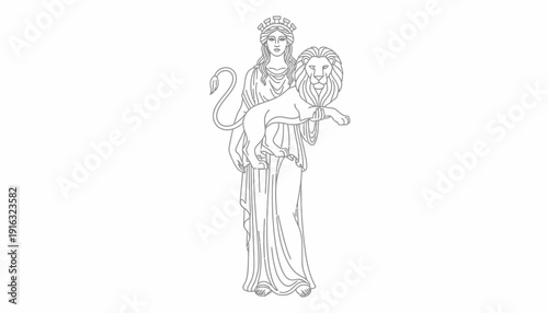 Mythological Woman Holding Lion, Ancient Greek Goddess Symbol, Vintage Line Art Illustration