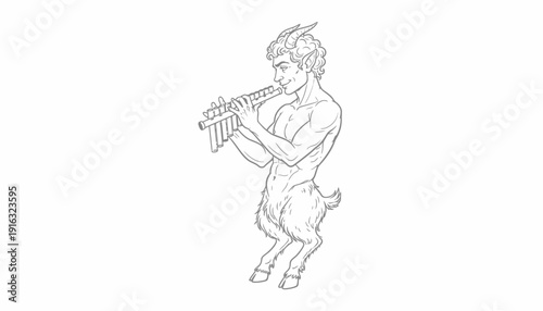 Mythological Satyr Playing Pan Flute, Ancient Greek Mythology Character, Line Art Illustration