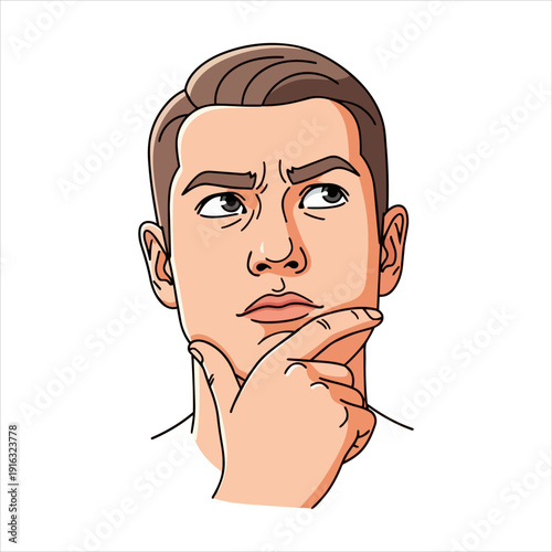 Thoughtful young man contemplating with hand on chin, illustration of pensive expression, close-up view