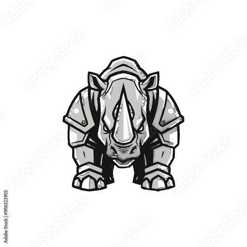 Stylized powerful armored rhinoceros standing with a determined expression, symbolizing strength and resilience on isolated white background.