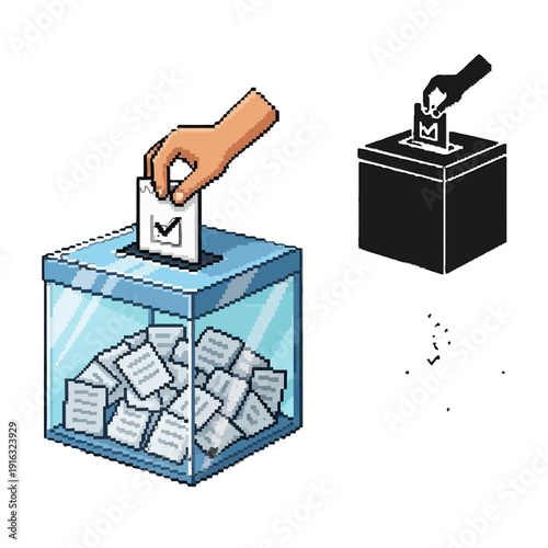 Hand casting a ballot with a checkmark into a transparent ballot box filled with votes, symbolizing elections and democratic participation on isolated white background.