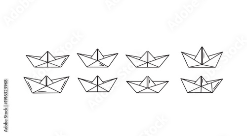 Origami Paper Boats Arranged in Rows Minimalist Line Art