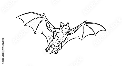Muscular Bat Character Flying with Wings Spread, Line Art Illustration