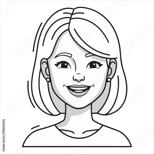 Illustration of a smiling young woman with a bobbed haircut and earrings from the shoulders up in a simple line art style