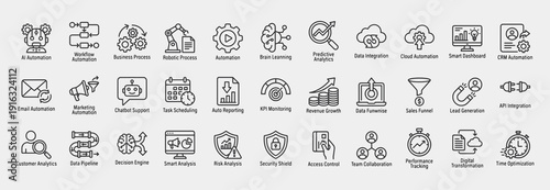 Artificial Intelligence Business Automation Line Icons Pack for SaaS and Enterprise Systems. Pictograms of AI Automation, Workflow Automation, Business Process, Robotic Process, Automation, and more.