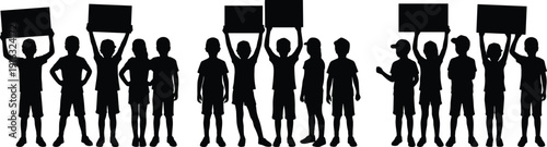 Group of children holding blank protest banners silhouette, youth demonstration rally for social rights awareness and activism concept