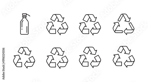 Plastic Bottle and Recycling Symbols Environmental Protection Concept Clean Line Art