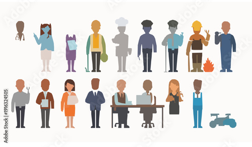 Cartoon professionals vector set diverse occupations characters in uniform isolated on white background