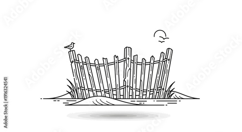 Minimalist Line Art: Beach Fence with Seagull and Sun