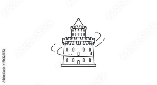 Minimalist Line Art Illustration of a Medieval Castle Tower with Swirling Motion Lines