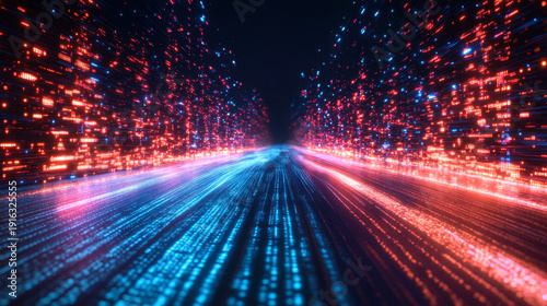 Digital data flow on road in concept of cyber global communication and coding with graphic creating vision of fast speed transfer to show agile digital transformation