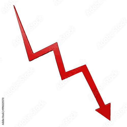 Red zigzag arrow pointing down representing financial decline or economic crisis on isolated white background.