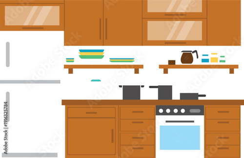 Flat vector graphic illustration of a cozy domestic kitchen interior showing cabinets and oven!! Perfect for commercial projects, digital marketing, and web design. Ready for immediate use today.