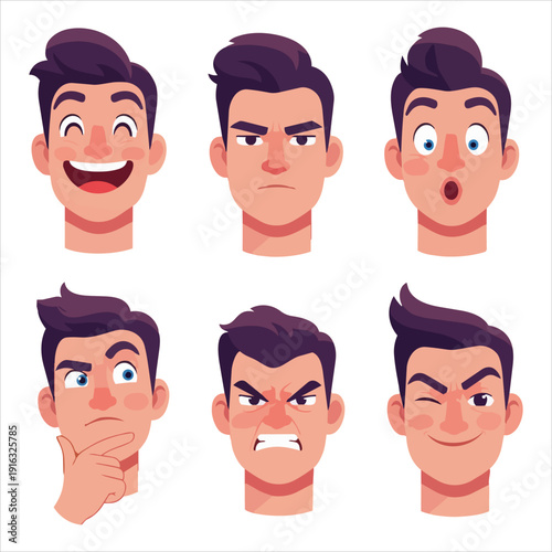 Collection of cartoon man's facial expressions showcasing various emotions and reactions in a simple illustration style