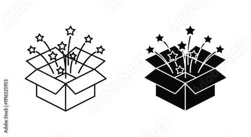 Collection of flat and solid icon designs representing stars exploding out from the top of an open cardboard box.